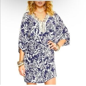 Lilly Pulitzer Wilda Bright Navy In The Groove Beaded Neck Caftan Dress M